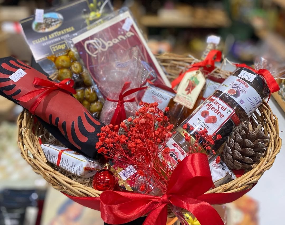 Traditional Albanian gift basket with honey, gliko, raki and handmade artisan products ,  a top souvenir from Tirana